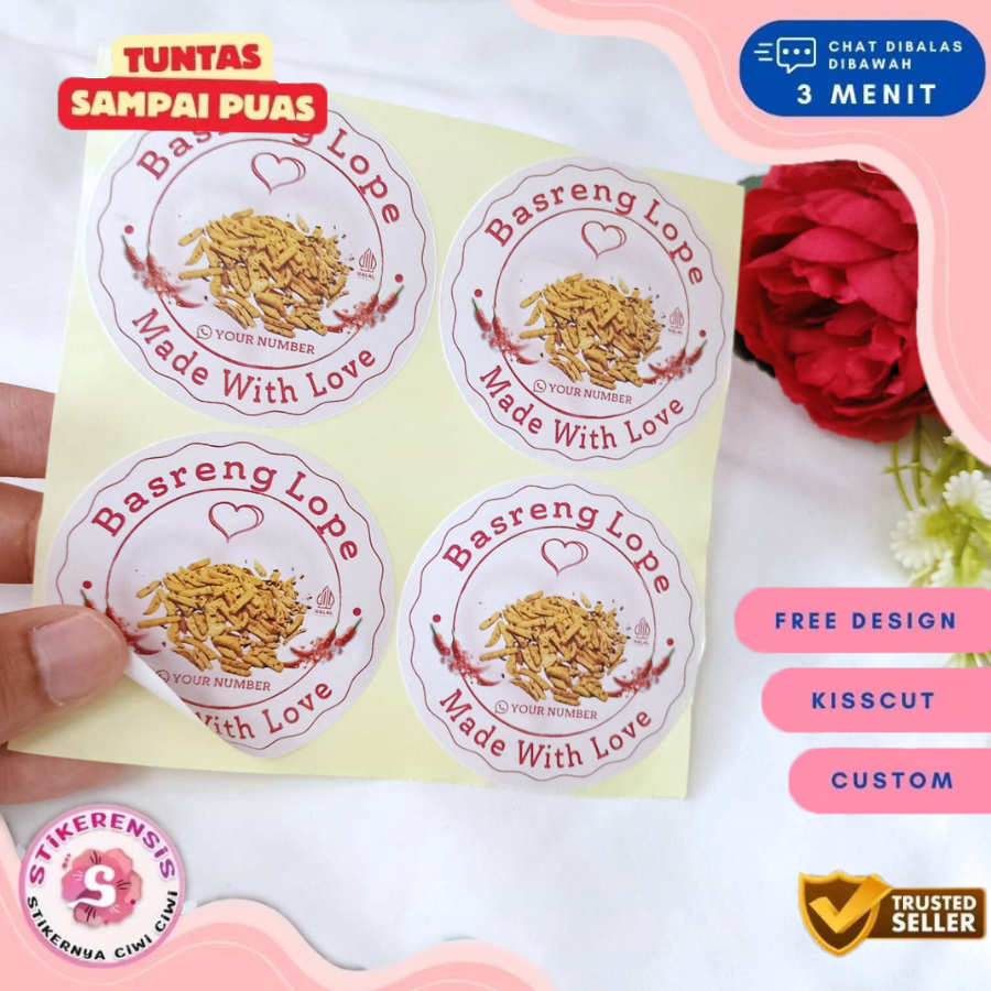 

2-4 Stikerensis Cetak Stiker Makanan Ringan Basreng Bulat Chromo Free Desain Custom Nama Uk.Kecil