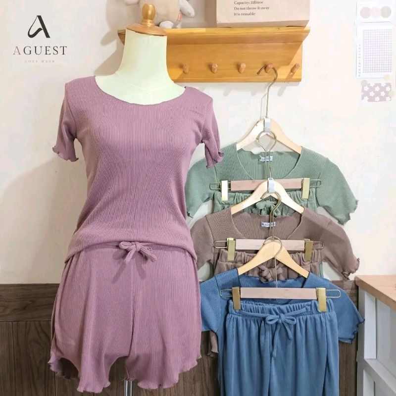 AGUEST Yoona One Set Wanita Dewasa Slimfit Setelan Baju Tidur Pendek Body Fit Knit Sexy Korean Style