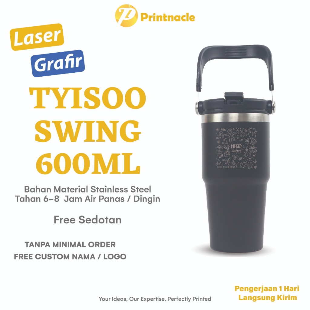 Souvenir Tumbler 600ml Custom Cetak Laser Grafir Nama Tumblr TYISOO Swing Handle Stainless