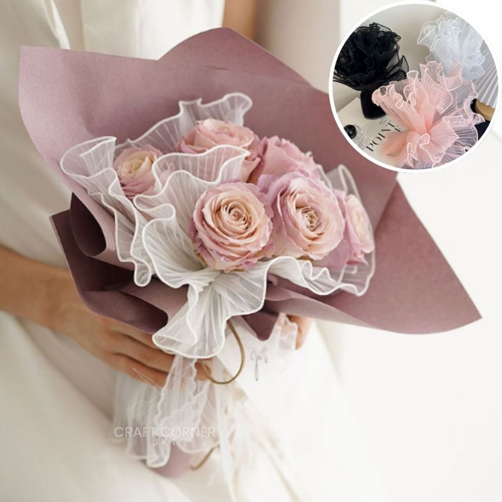 

[ROLL] Pita Kain Lining Renda Mesh Pearl Mutiara Buket Bunga 28cm x 4Y Buket Bunga