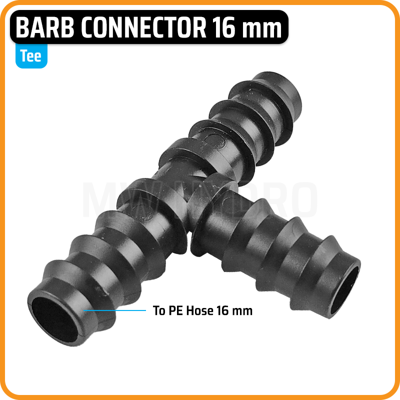 Barb Connector 16 mm - Tee | Konektor Selang PE Irigasi Hidroponik - Tee T