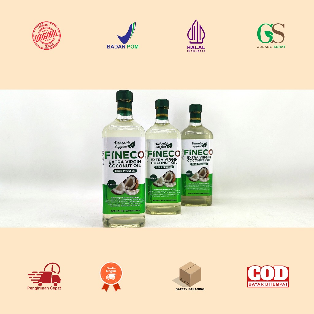 

Manado Dehealth Supplies FINECO Extra Virgin Coconut Oil Isi 1 Liter Botol Kaca - EVCO