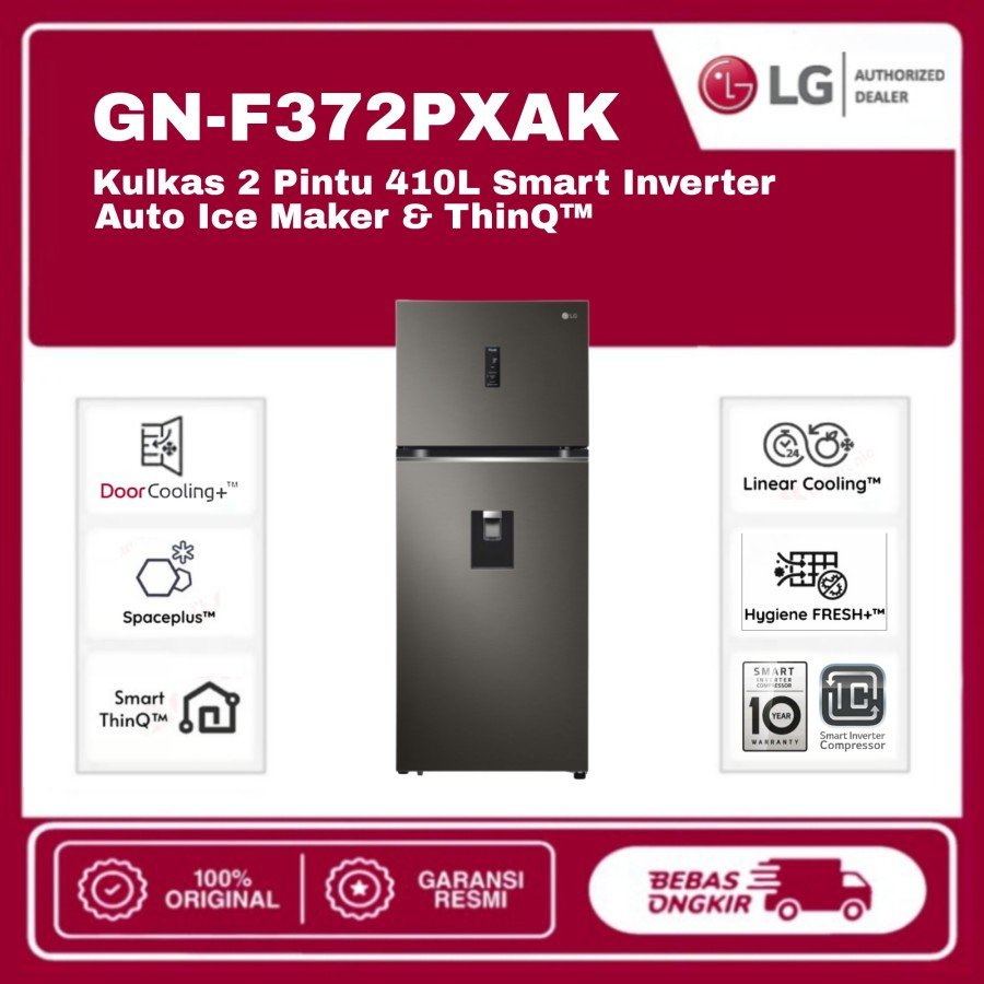Kulkas LG GNF372PXAK 2 Pintu 410 Liter 90 Watt Smart Inverter Auto Ice Maker & ThinQ With Door Cooli