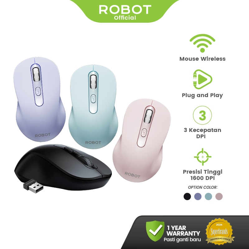 ROBOT Mouse Wireless M206 2.4GHz Optical 1600DPI Presisi Tinggi Akurat Plug and Play Tombol Daya Bat