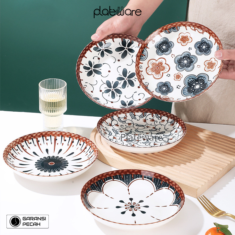 PLATEWARE - Piring Makan Keramik motif bunga bunga daun ukuran 20cm Kitchenware tahan panas