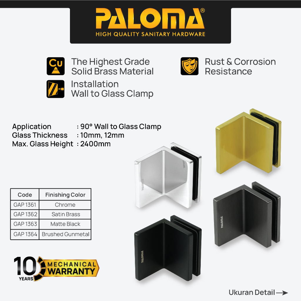 PALOMA Glass Clip Kaca Klip Klem Jepit Penjepit Partisi Kaca ke Dinding Tembok Glass to Wall GC GW 9