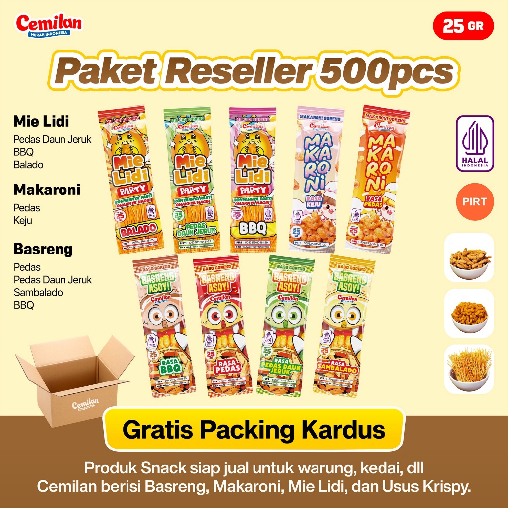 

Paket Usaha 500pcs Reseller Snack Cemilan Murah Indonesia - Makaroni Basreng Mie Lidi - Food Halal Renyah Gurih Asin Goreng Pedas