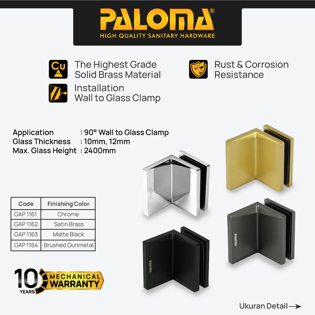 PALOMA Glass Clip Kaca Klip Klem Jepit Penjepit Partisi Kaca ke Dinding Tembok Glass to Wall GC GW 9