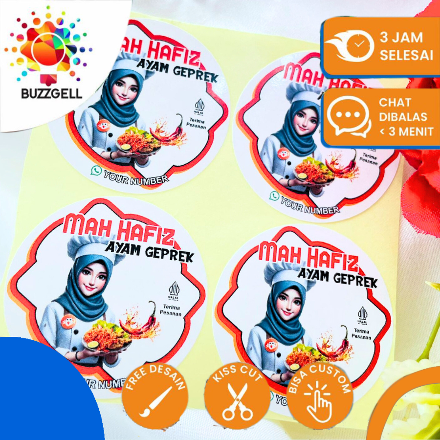 

Buzzgell Sticker Print Cetak Stiker Makanan Berat Nasi Ayam Geprek Label Free Desain Custom Nama 2-4