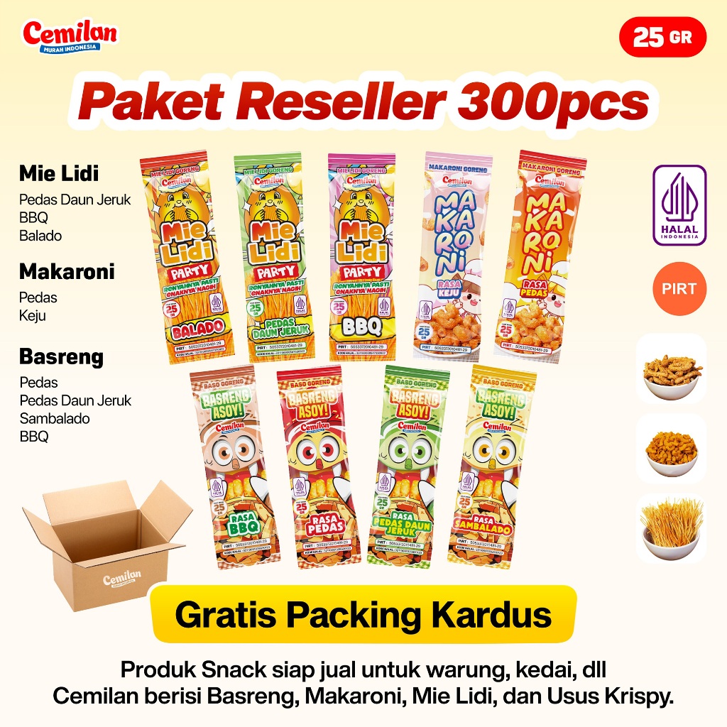 

Paket Usaha 300pcs Reseller Snack Cemilan Murah Indonesia - Makaroni Basreng Mie Lidi - Food Halal Renyah Gurih Asin Goreng Pedas