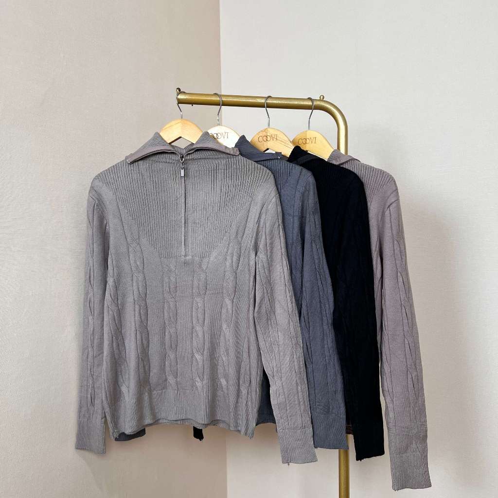 COOVI Gemma Zipper Top High Neck Knit Long Sleeve - Atasan Wanita Zipper Lengan Panjang Polos Knitwe