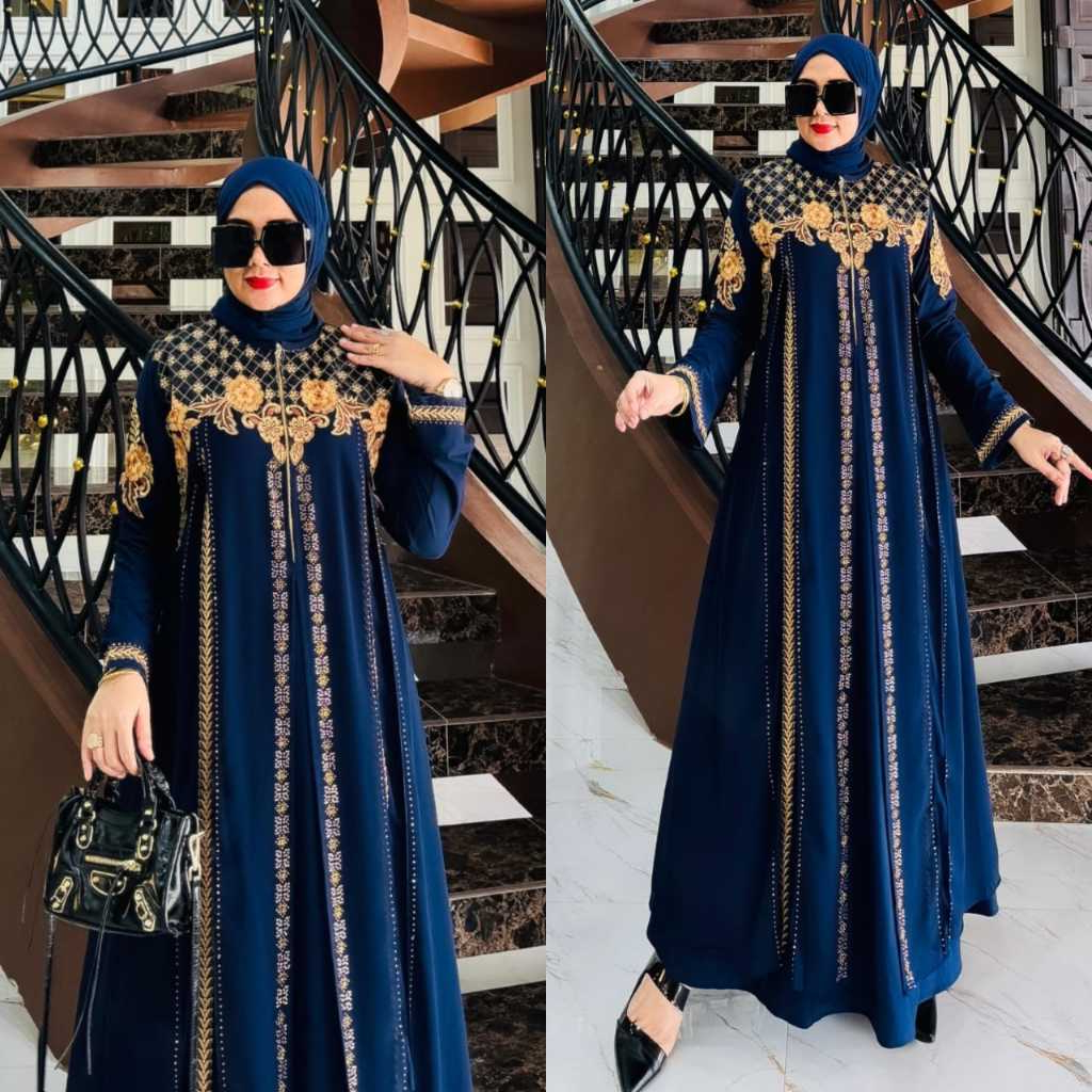 Gamis Abaya Turkey Navy Bahan Jersey Mix Ceruty Bordir / Baju Busana Maxi Dress Muslim Wanita - Mayr