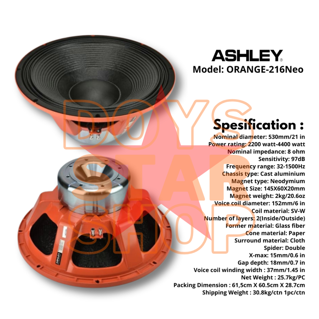 ORIGINAL PRODUK ASHLEY SPEAKER TIPE ORANGE216 NEO 21INCH