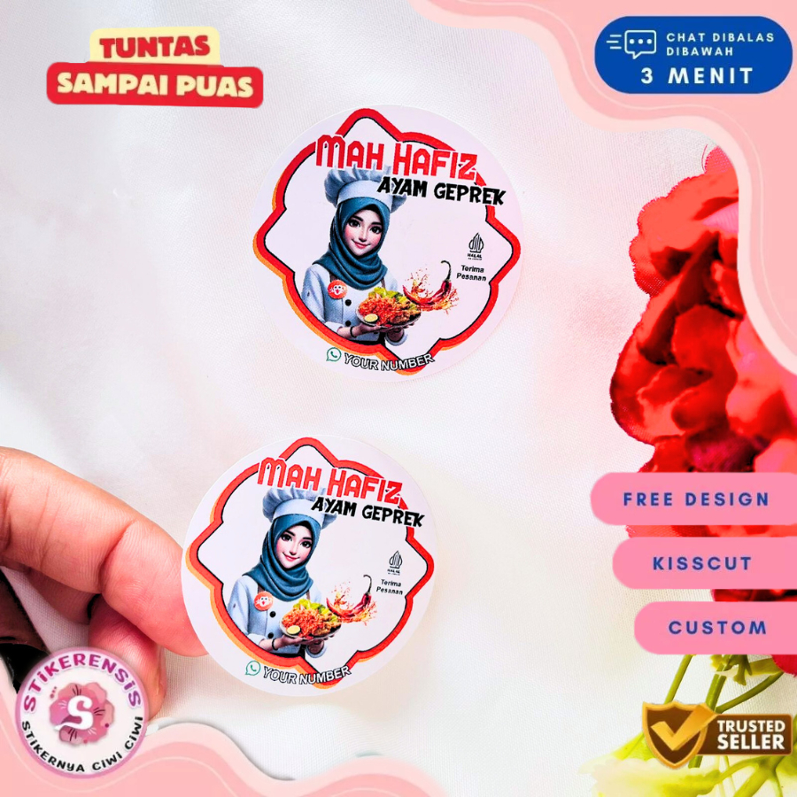

2-4 Cetak Stiker Ayam Geprek Sticker Bulat Box Makanan Catering Label Free Desain Custom Nama Murah
