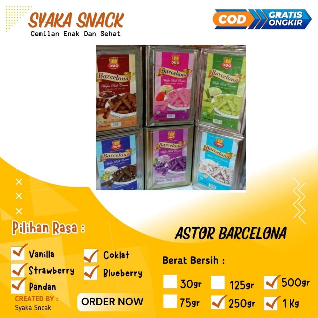 

Cemilan Astor Barcelona Wafer Roll Cream Varian Rasa - Kemasan Kecil