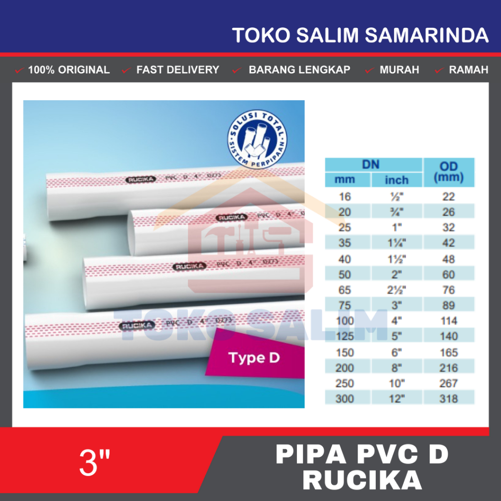 Pipa PVC Paralon Rucika 3" D  (POTONGAN PER 1 METER)
