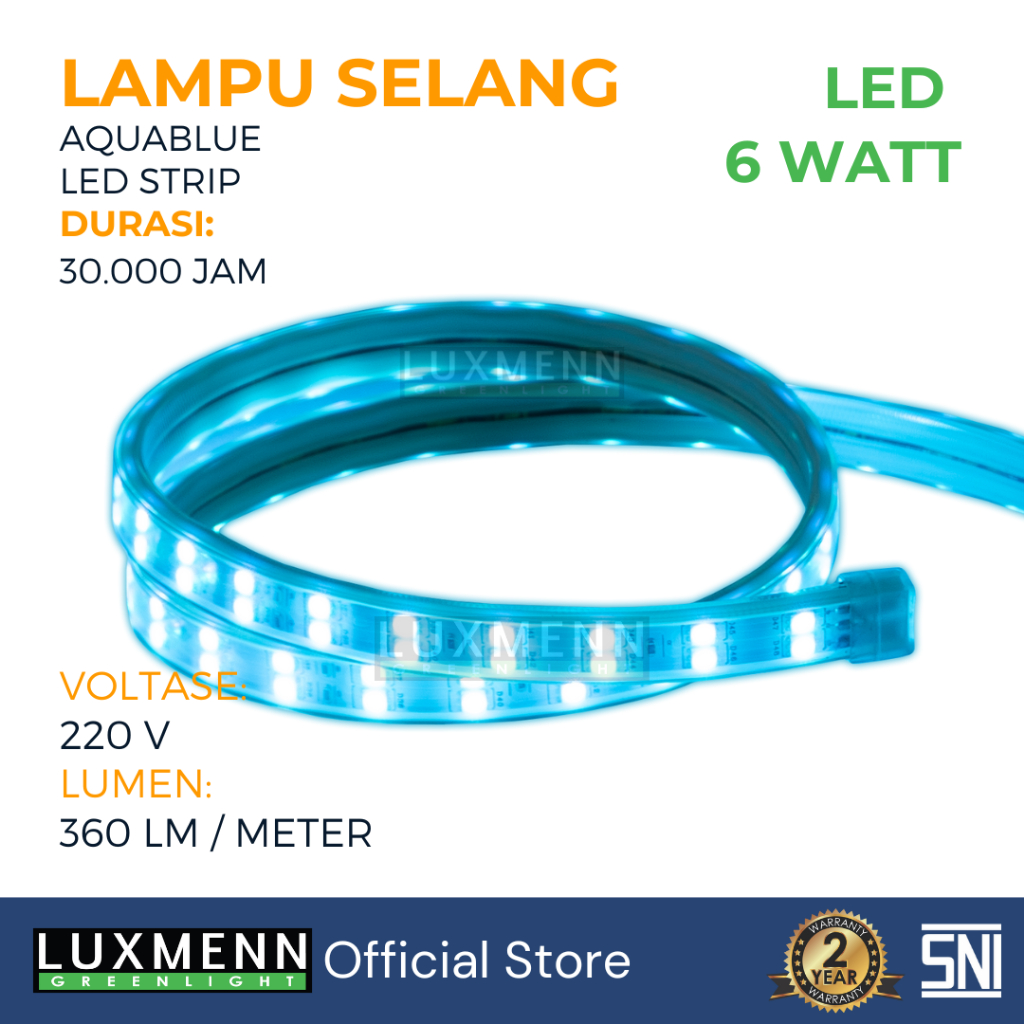 Luxmenn LED Lampu Selang 5050 220V, Seri SL2/6W, 6W/M, Aqua Blue