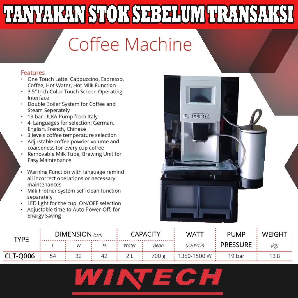 Getra CLT-Q006 Automatic Coffee Machine - Mesin Kopi Espresso, Latte, Cappuccino Otomatis - Automati