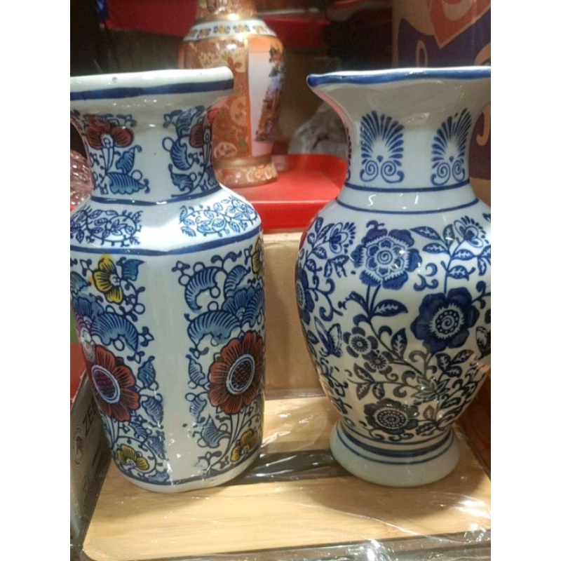 VAS bunga keramik diameter 9.2cm xT20.3cm warna Biru motif Bunga (Jual khusus Medan / SPX Instant)