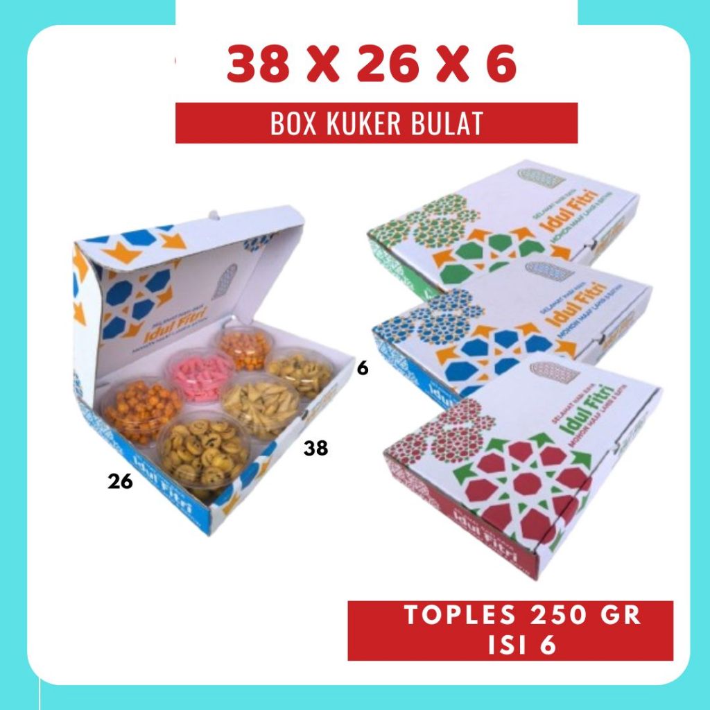 

Kardus Kuker 38x26x6 LD Kue Kering Toples 250 gr isi 6 Toples Box Ied Mubarok Dus Idul Fitri Lebaran Packing Kotak Kemasan Pizza Polos/Motif