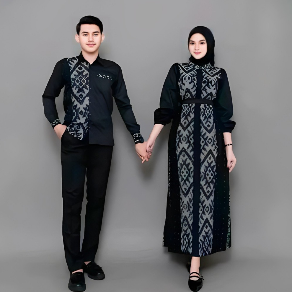 Set couple belvia black couple tenun, belvia dress kondangan ethnic, black couple baju kondangan