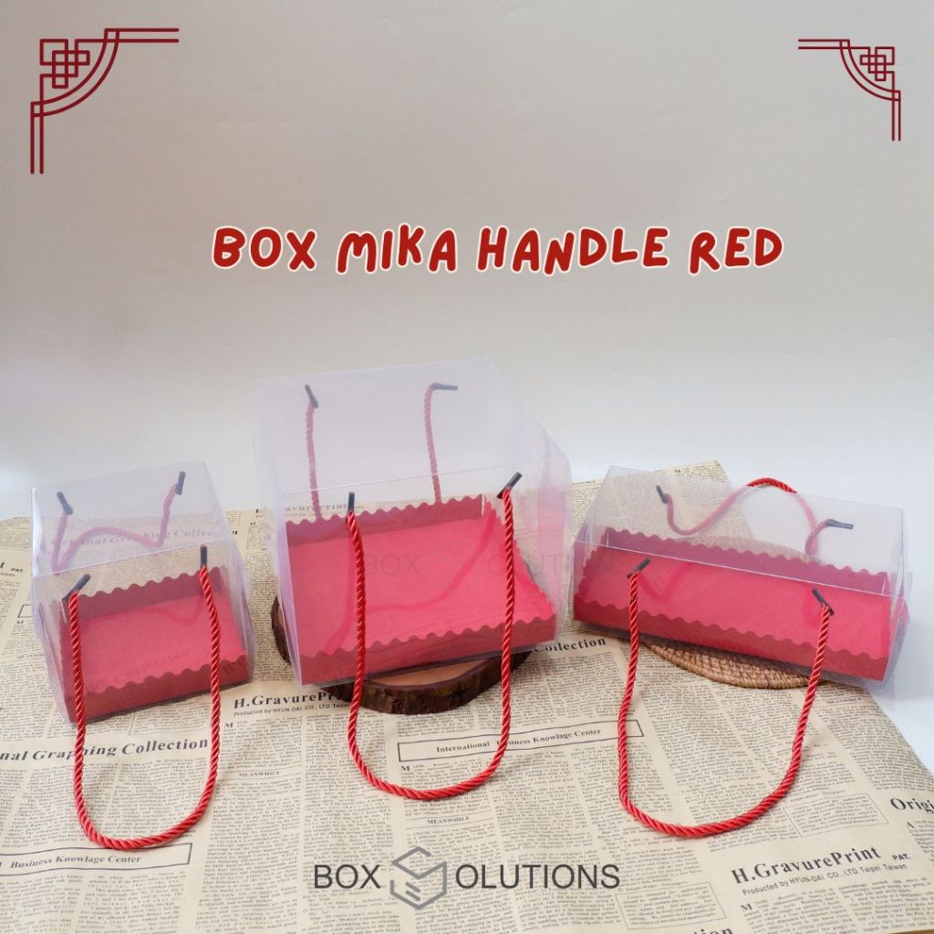 

box mika handle red / tali transparant merah square - 12x12x12 cm / 18x18x15 cm / 22x11x8 cm
