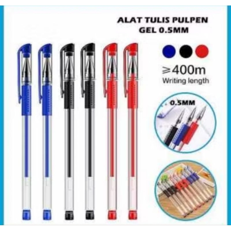 

PENA GEL PULPEN BOLPOIN PEN CAIR 0.5 MM HITAM / BIRU / MERAH + REFILL