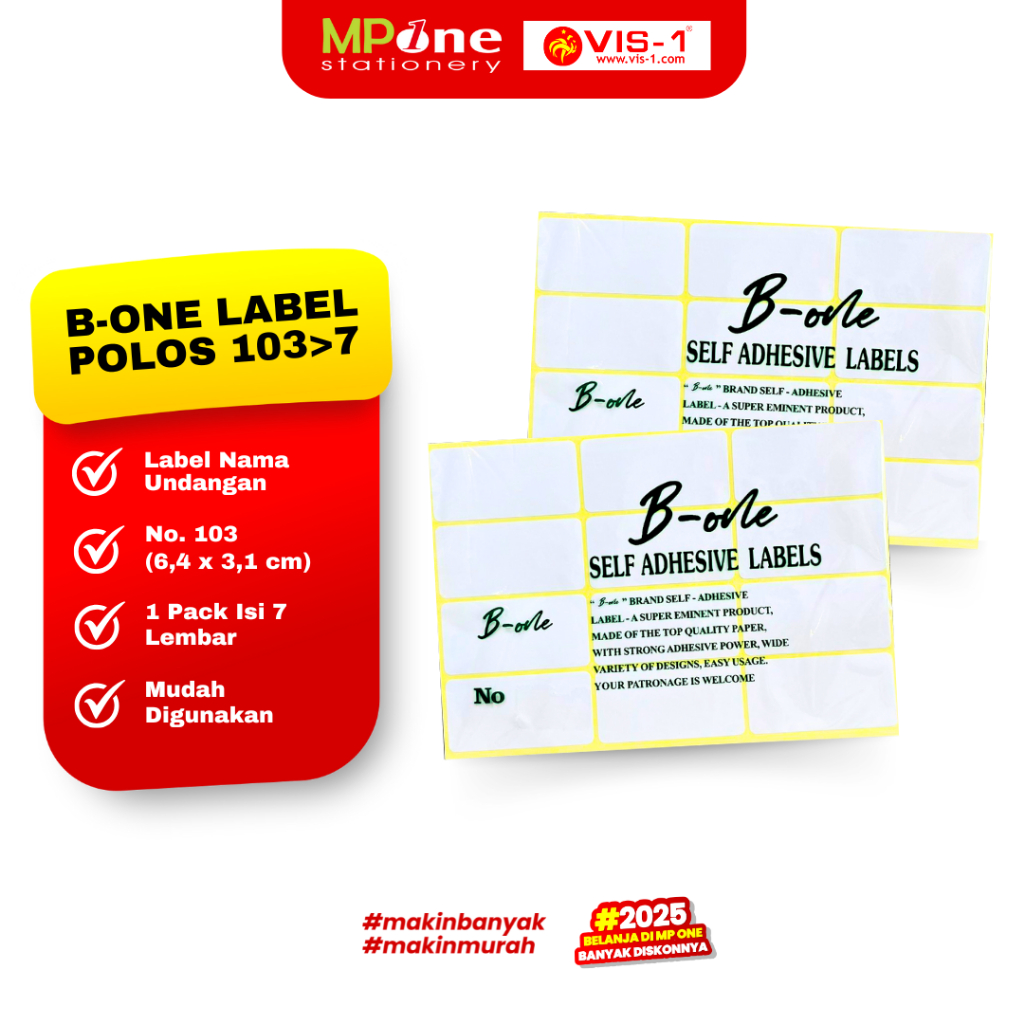 

(1 Pack) B-One Label Nama Undangan Polos No. 103>7 / Stiker Label Polos 103 Isi 7 Lembar B-ONE