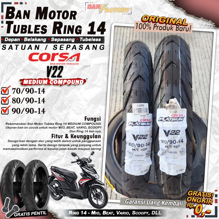 Ban Motor CORSA V22 Ring 14 Tubeless Ban Tubles Depan Belakang Motor Matic Beat Vario Scoopy Ring 14