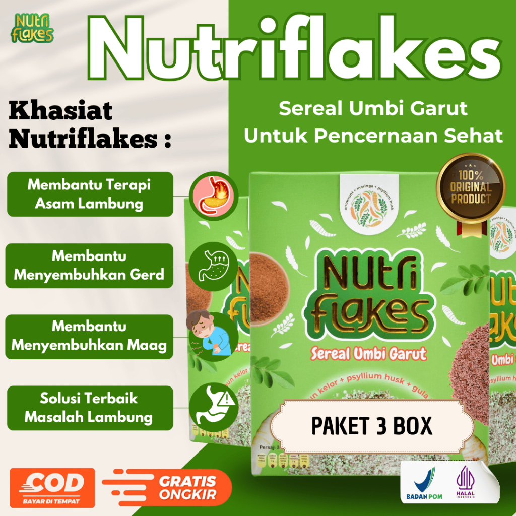 

Nutriflakes PAKET 3 BOX Sereal Umbi Garut Membantu Mengobati Maag dan Radang Lambung Original 100%