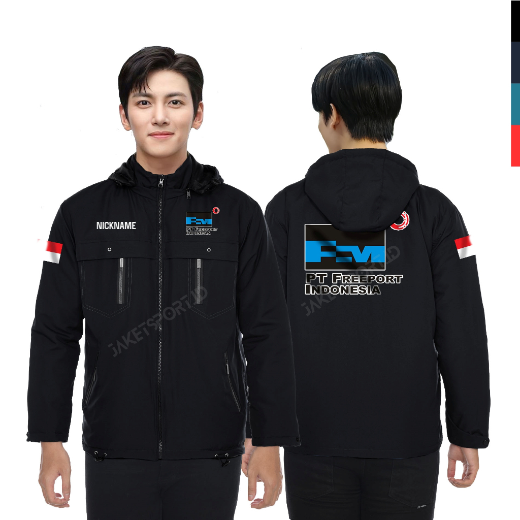 Jaket Freeport indonesia custom perusahaan lapangan scotlight windbreakers konveksi tangan pertama