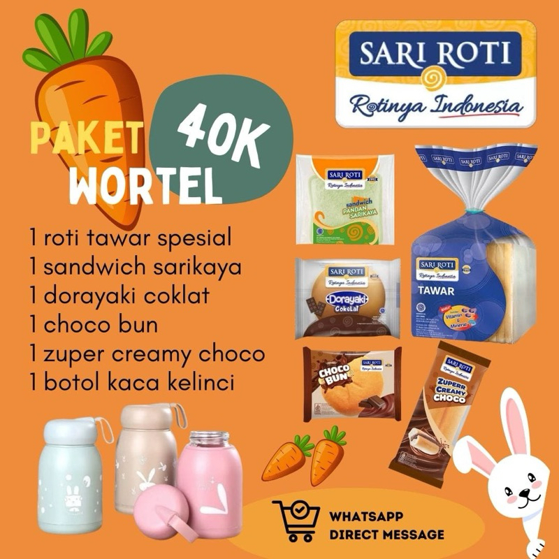 

Sari Roti Paket TIMUN & WORTEL, 40k Sari Roti Botol Kelinci