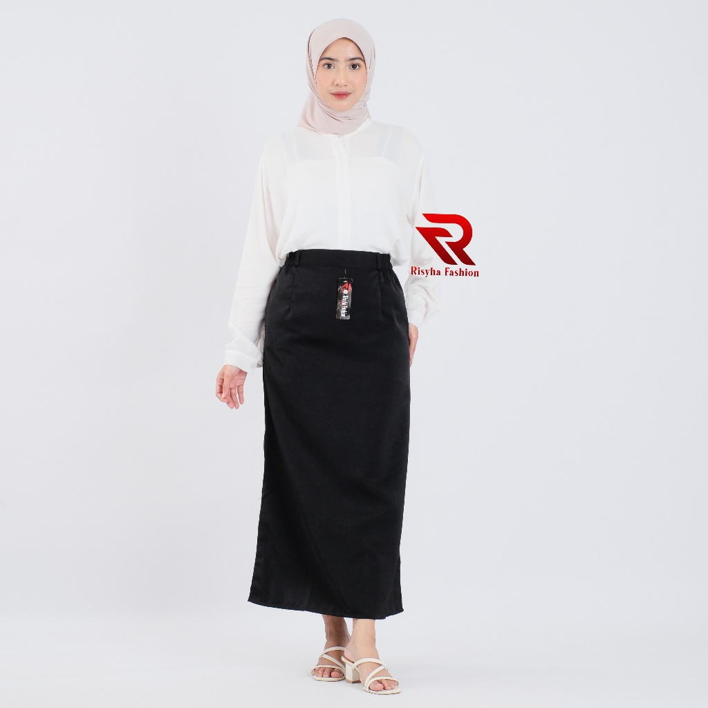 PROMO TERBARU Risyha Skirt - Rok Span Kerja Wanita Panjang Hitam Bahan Twiss Model Line A Karet