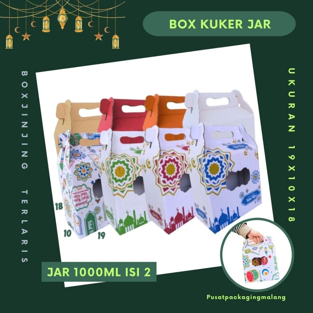 

Box Kuker 19x10x18 Jinjing (KUKER TOPLES JAR 1000ml Isi 2) Kardus Kue Kering / Idul Fitri /Hampers / Lebaran / Gable Box Polos/Motif