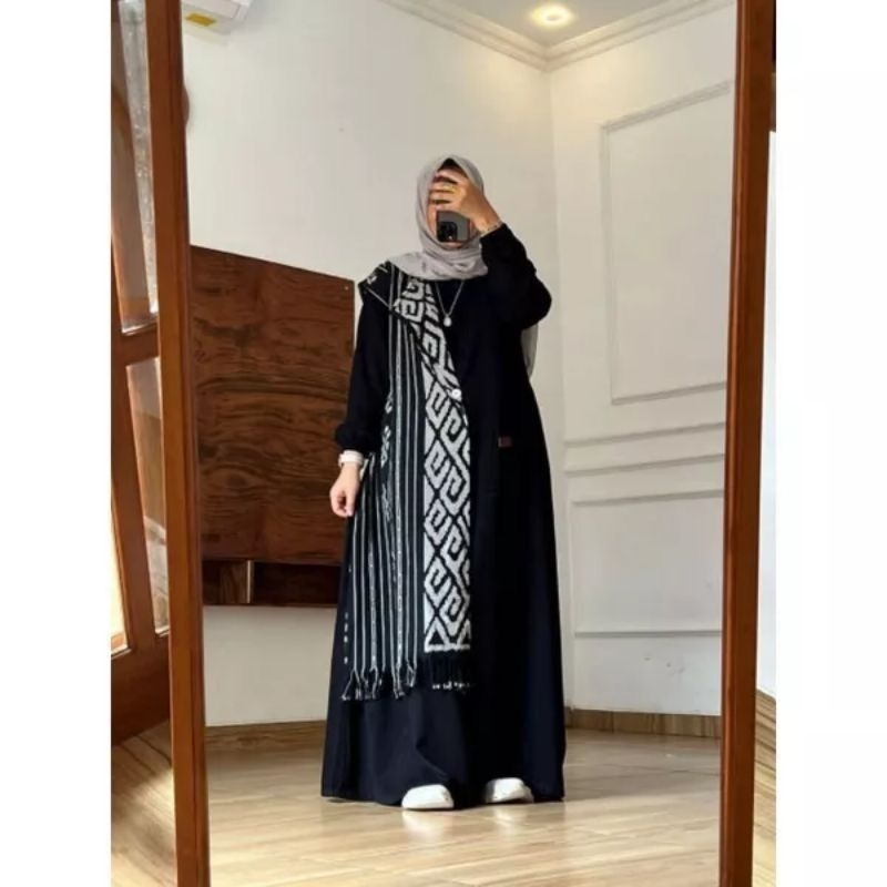 Nawan Shop gamis tenun blangket kombinasi polos bisa request jahitan