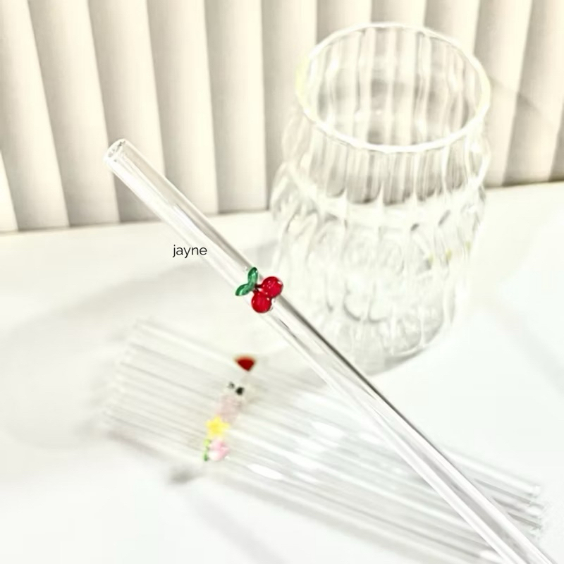 Korean Glass Straw Ribbon Cherry sedotan kaca motif 3D glass coqutte straw Sedotan Kaca Lucu Sedotan