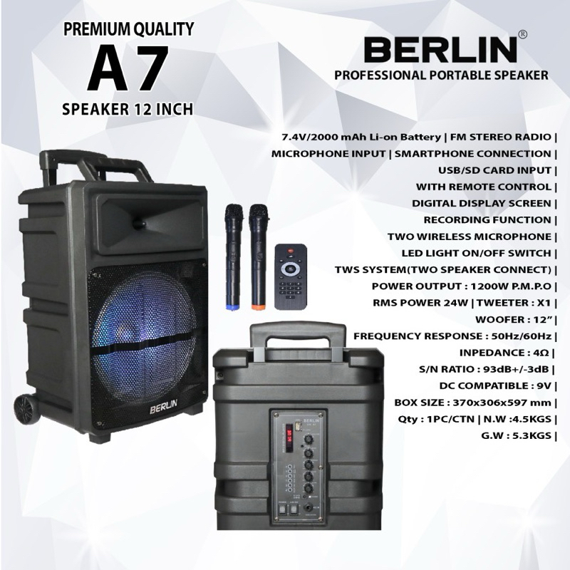 Speaker Aktif Portable Wireless Professional 12 Inch BERLIN 238 / A7 | Bluetooth, USB, Meeting, Kara