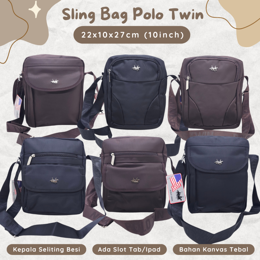 Tas Selempang Polo Twin Import Original Murah / Slig Bag Polo Twin Kain Kanvas Tebal 10 Inchi 3 Ruan