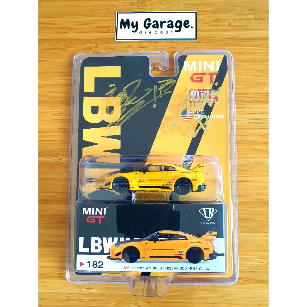 Mini GT no 182 - Nissan R35 GT-RR Yellow  LBWK Signed Kato Toshi