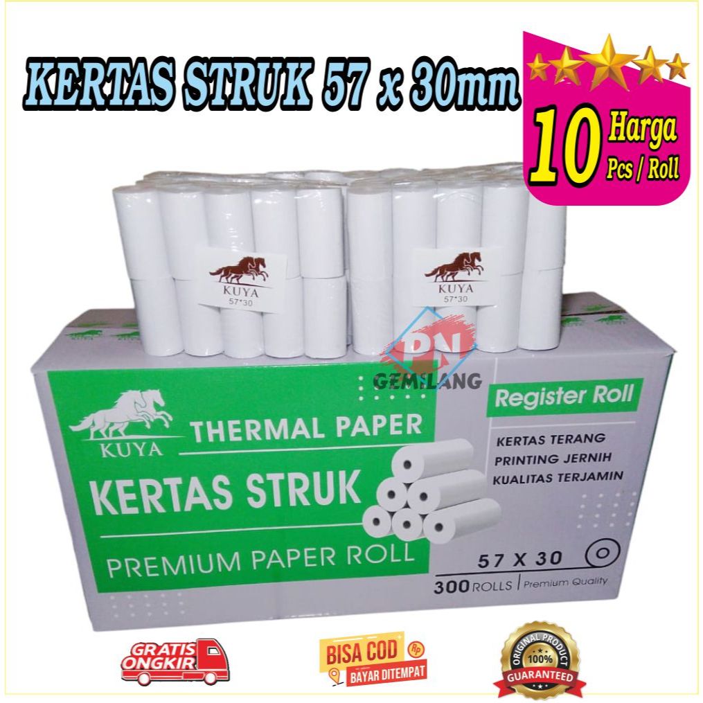 

KERTAS STRUK KASIR MERK KUYA 57x30,KERTAS STRUK EDC 57x 0,Struk Paper Roll Termal 57x30mm
