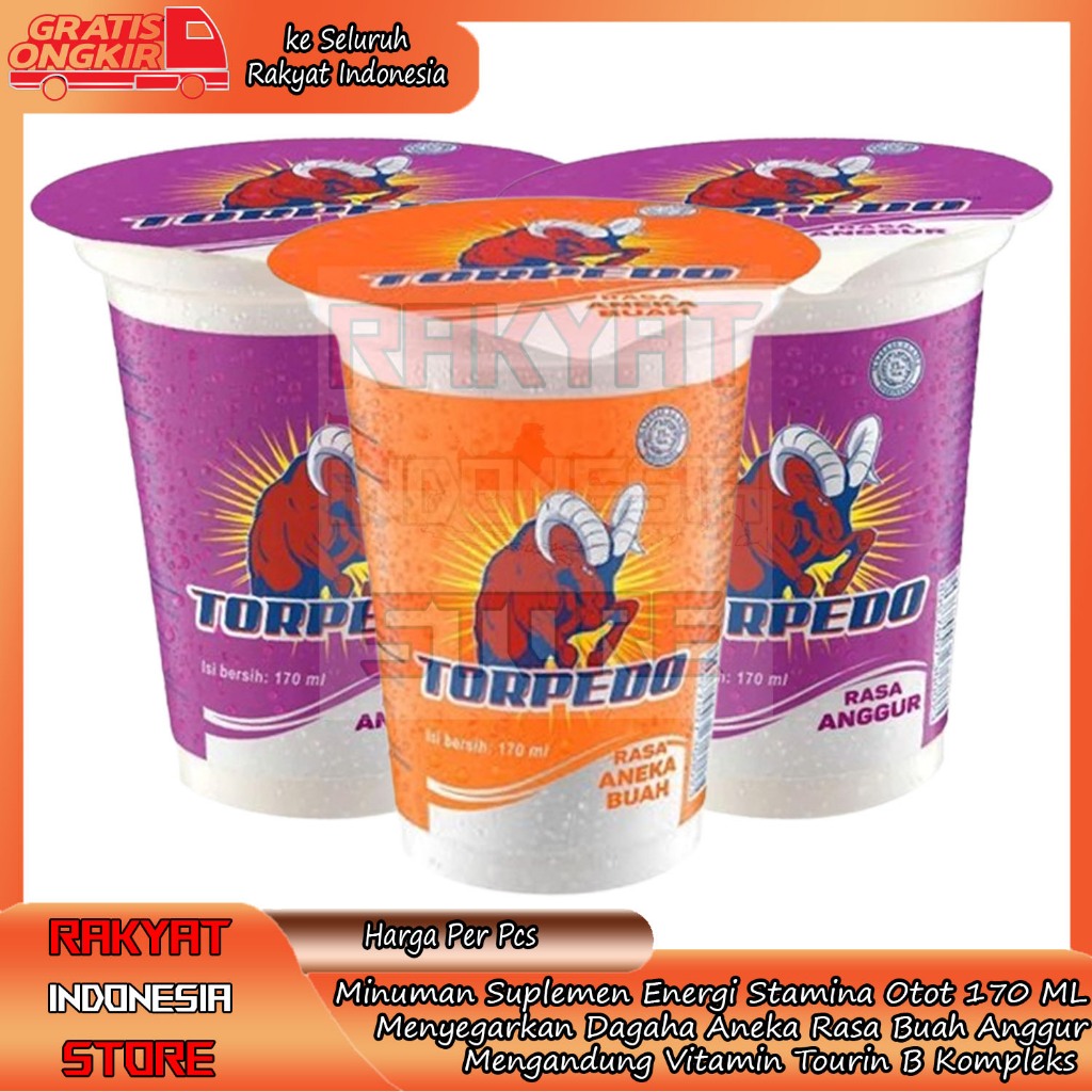 

Torpedo 170 ML Anggur Aneka Rasa Buah Minuman Drink Formulasi Energi Penambah Semangat Moodboster Stamina Tubuh Otot Konsentrasi Tenaga Penyegar Dahaga Mineral Cairan Perasa Gula Murni LLS Praktis Siap Saji