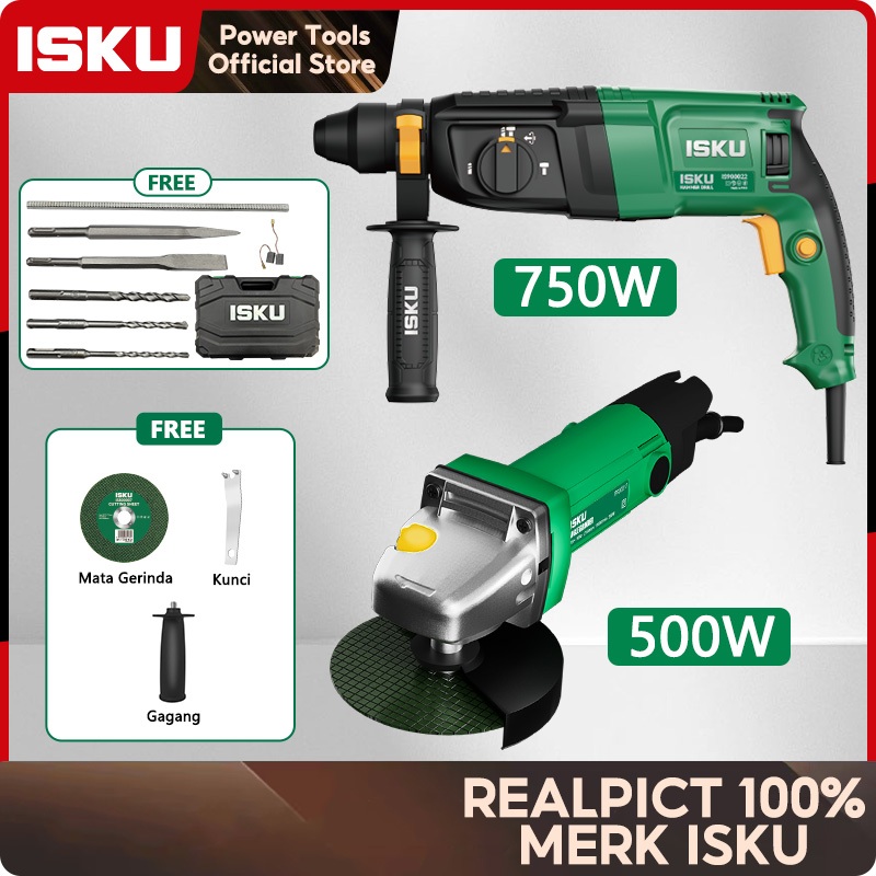 ISKU Paket Mesin Bor Bobok Beton Rotary Hammer Drill SDS 26mm & Gerinda Tangan Angle Grinder 4 Inch 
