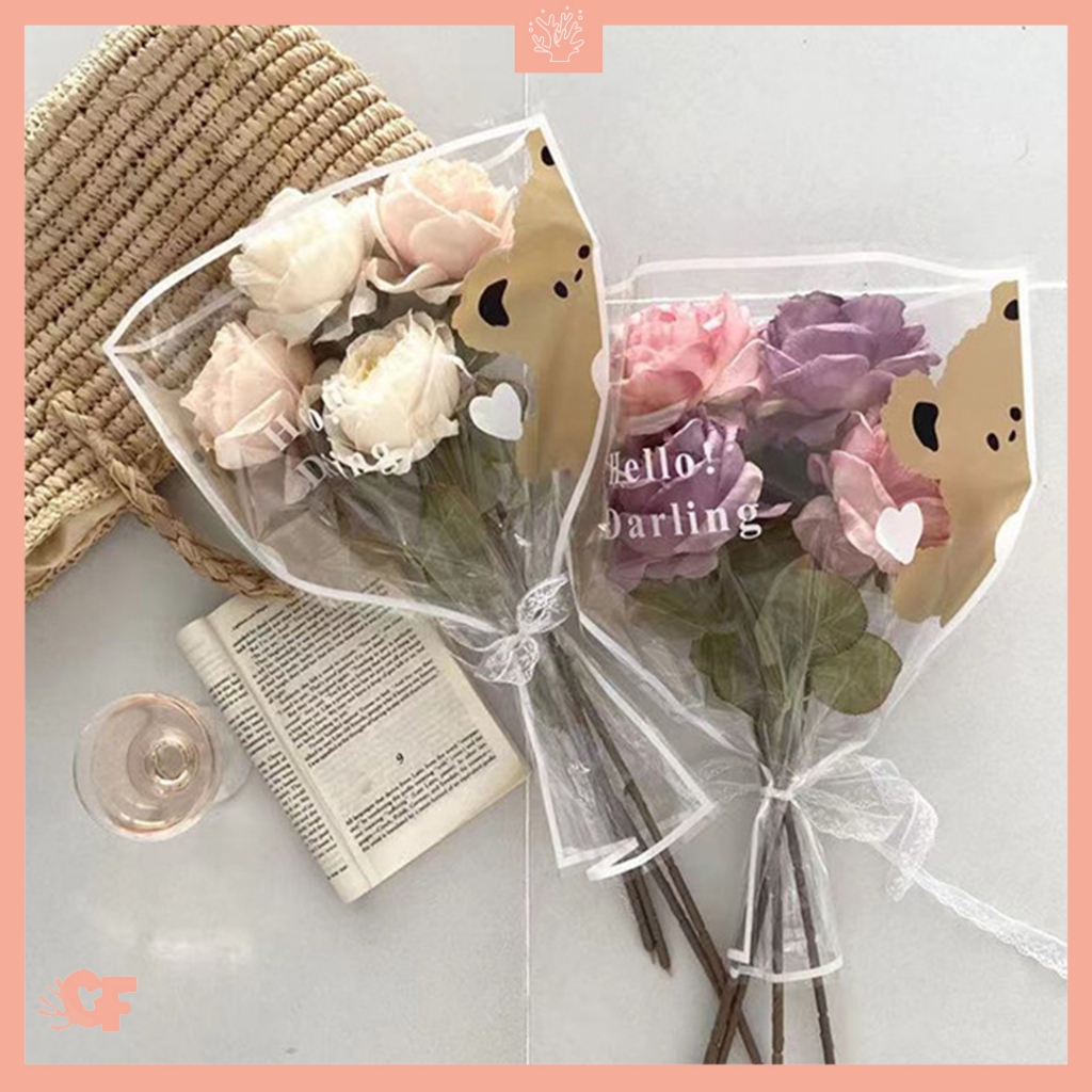 

30 LEMBAR Plastik Single Wrapping Motif Bear Flower Wrapping Plastic Single Flowers Cellophane SF07