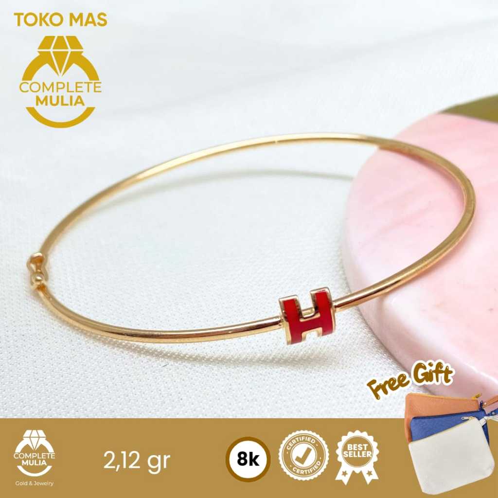 Gelang Emas Bangle Dewasa Cor Huruf H Cat Merah 8K Complete Mulia