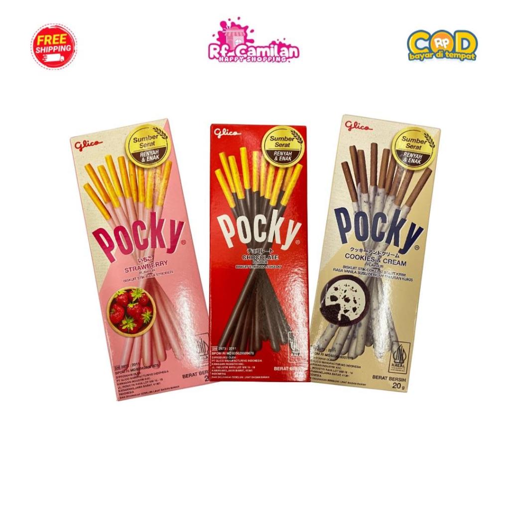 

[RF Camilan] Glico Pocky Stik Biskuit Rasa Coklat Strawberry Dan Cookies Cream 20gr