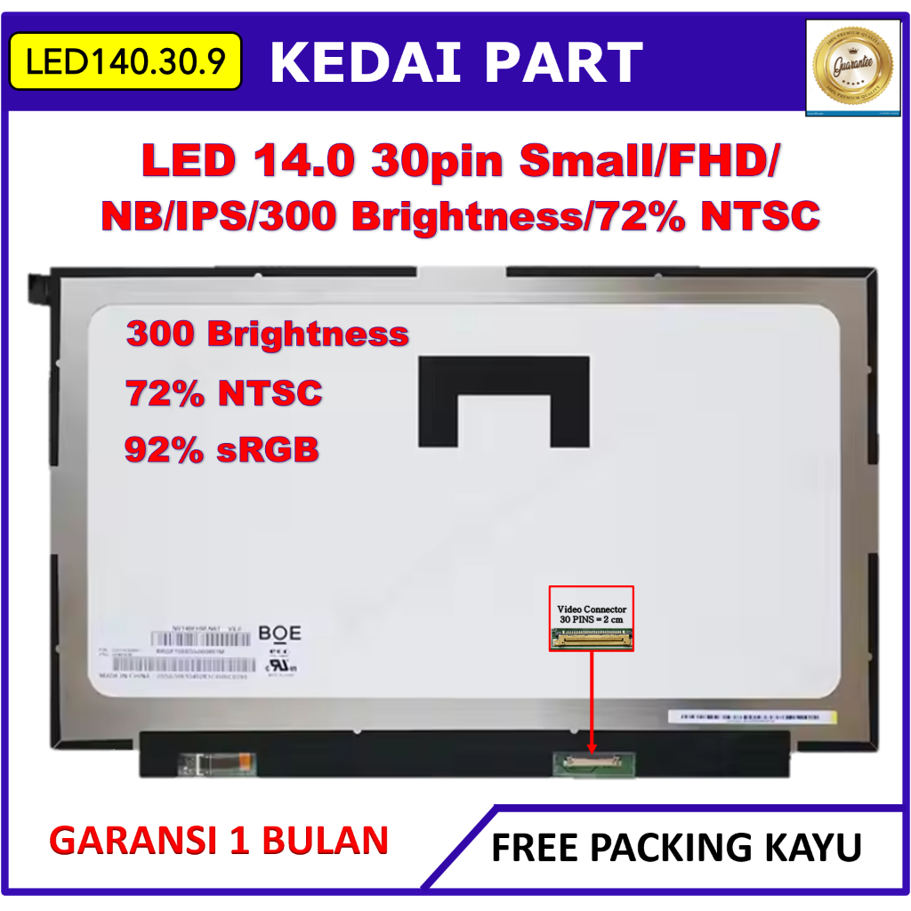 LCD LED 14.0 14 Inch 30 Pin 30pin Small Narrow IPS FHD Full HD 300cd 72% NTSC No Bracket Kuping Baut