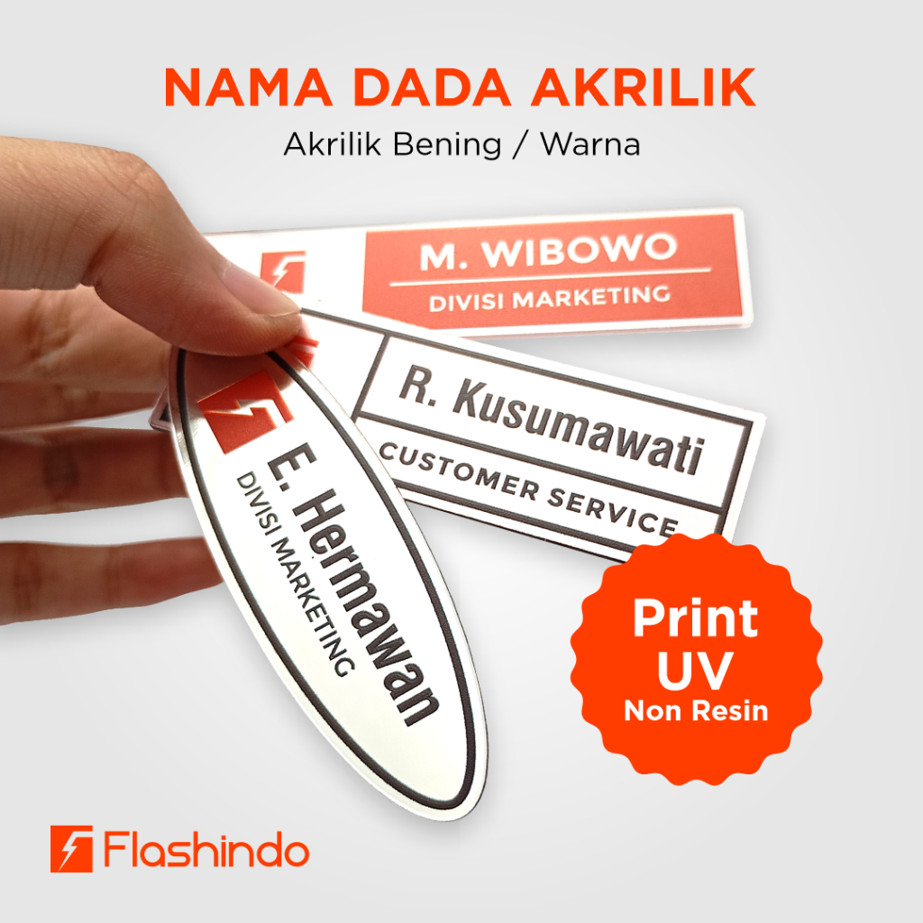 Nama Dada / Nametag Akrilik Murah Kilat Tanpa Lapisan Resin | Cetak Print UV Full Colour & Custom