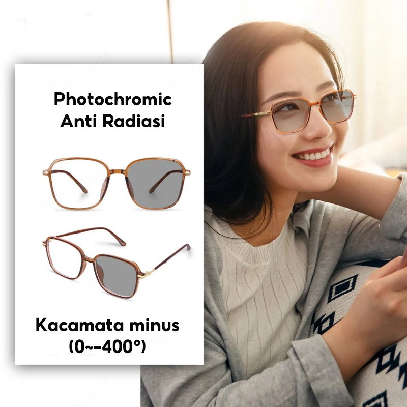 Kacamata Anti Radiasi Photochromic Minus （0~-400°）Untuk Wanita Dengan Bingkai Persegi