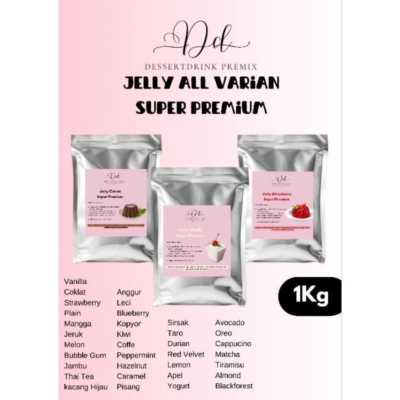 

Bubuk Jelly ANEKA VARIAN RASA 1kg/1000gram Murah Super Premium Dessertdrink Premix / Jelly Powder Super Premium / Bubuk Jelly Kiloan / Bubuk Jelly Powder / Bubuk Jelly Cincau / Bubuk Jeli Instan / Instant Jelly Powder / Bubuk Jeli Premium