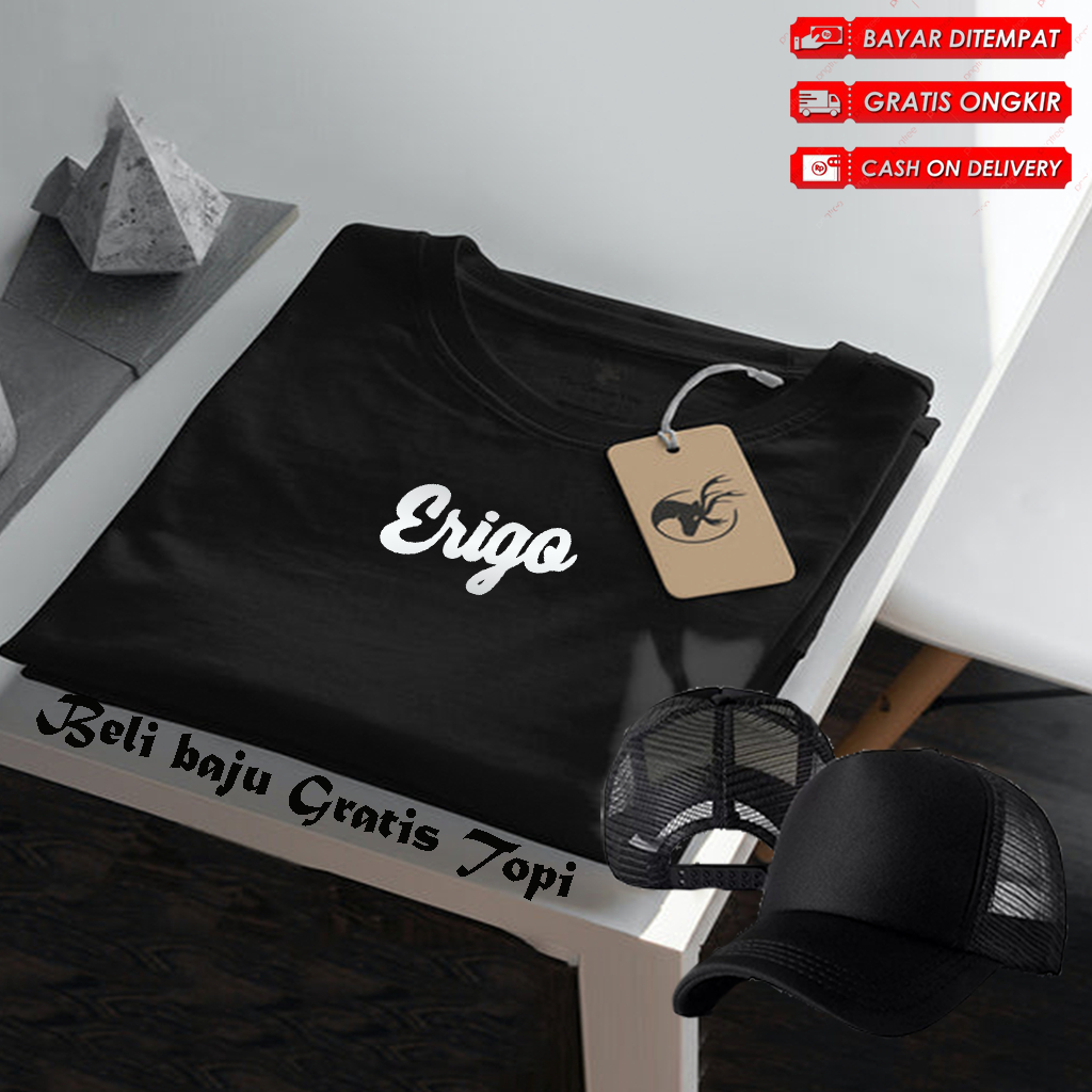 COD  GRATIS TOPI.. Baju Kaos Distro Lengan Pendek Erigo Text Putih Premium Quality Kaos Cotton Combe
